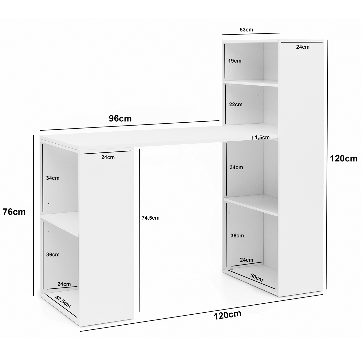 Escritorio  wl5.692 con estante de madera blanca mate de 120 x 120 x 53 cm moderno