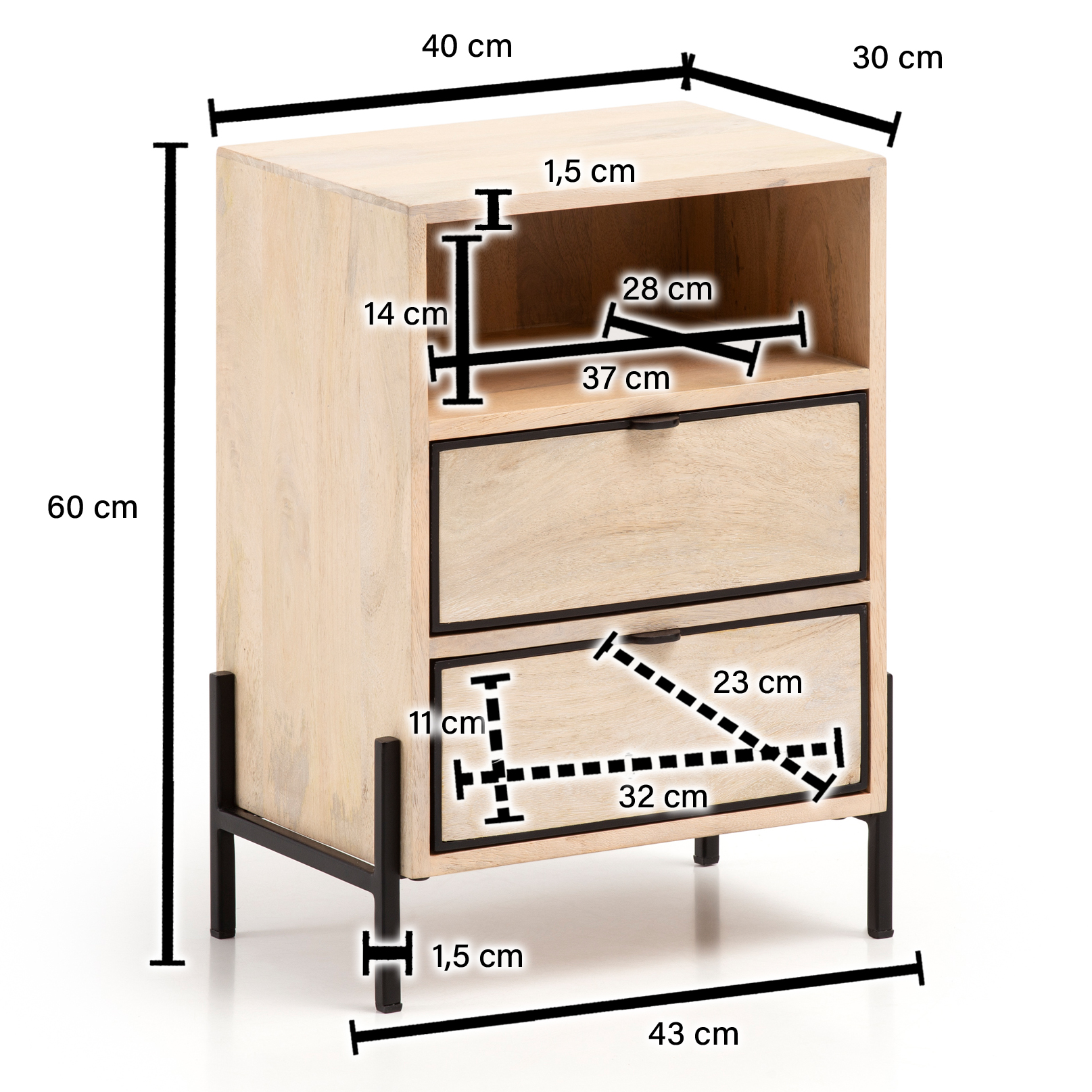 Mesita de noche 43x60x30 cm madera maciza de mango y metal