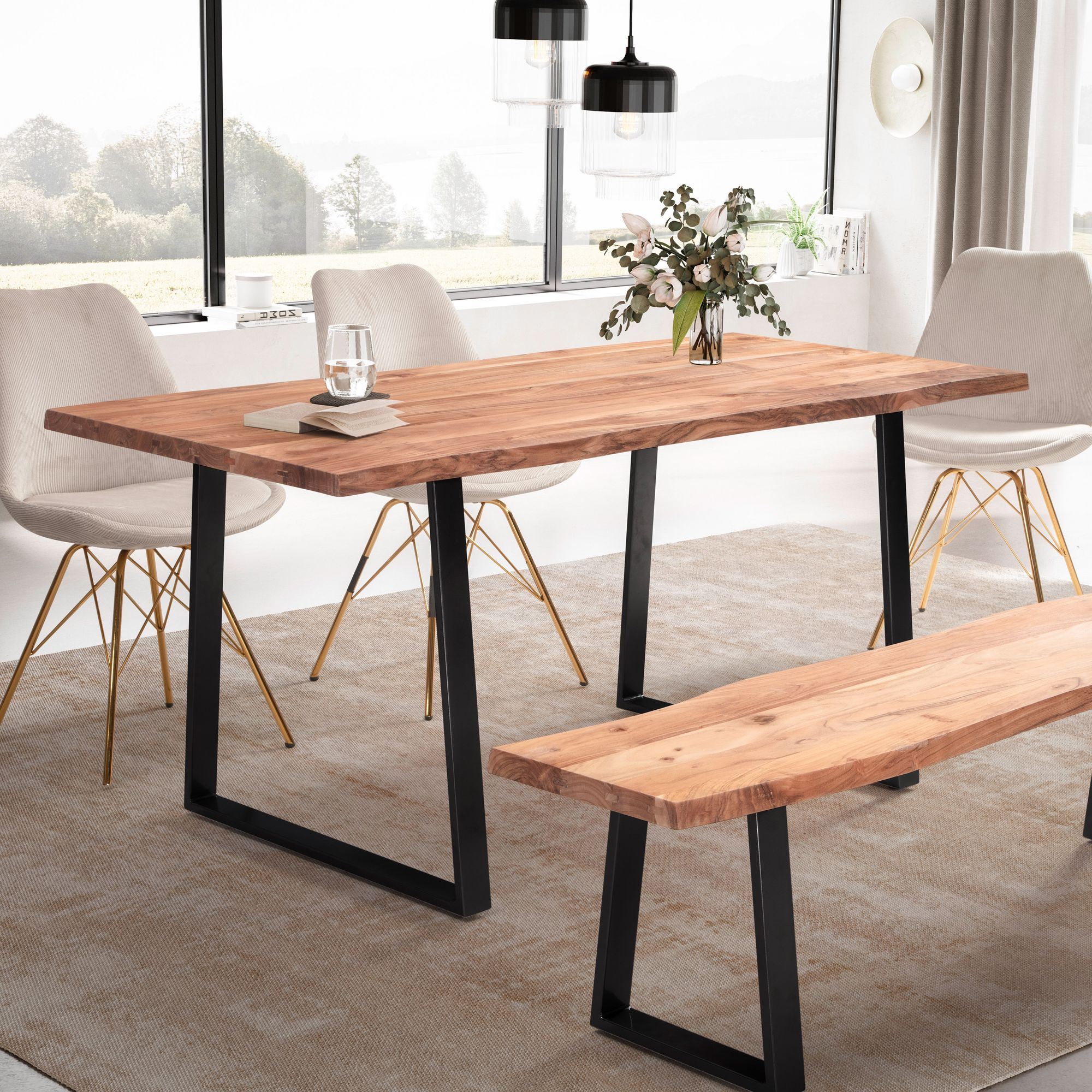 Mesa de comedor 120x60x76 cm mesa de comedor de madera maciza de acacia/metal borde de árbol, mesa de cocina maciza con patas trapezoidales en negro, mesa de madera mesa de comedor rectangular