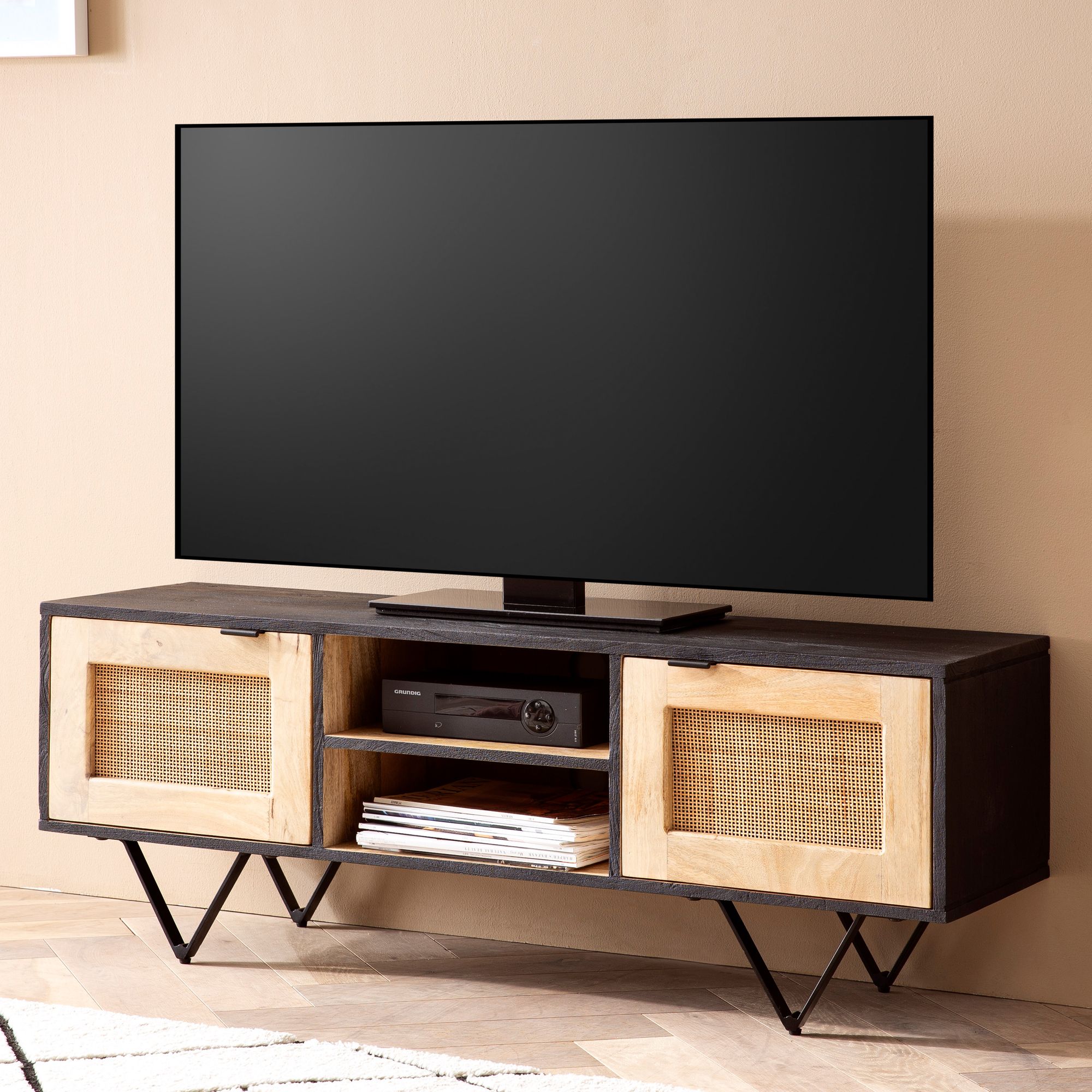 Mueble tv madera maciza de mango y ratán 120x44x35 cm moderno