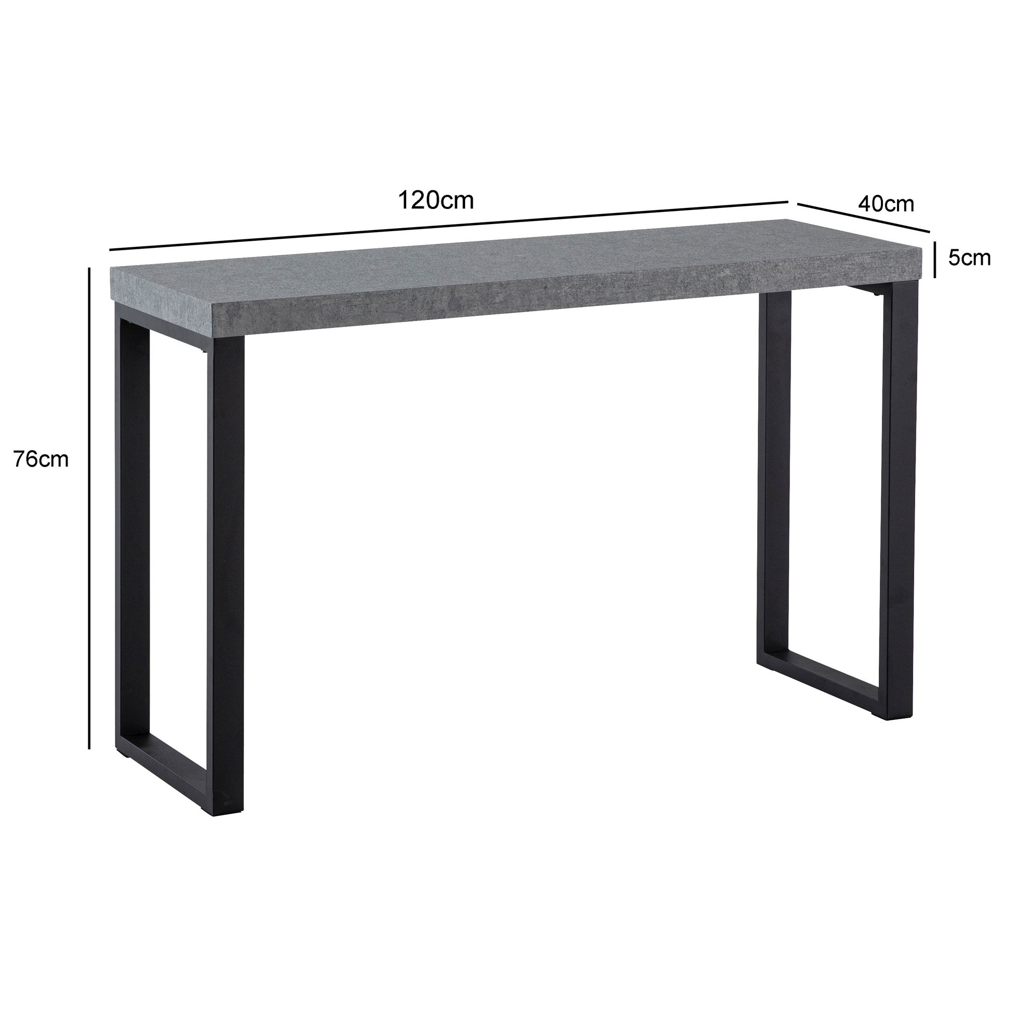 Mesa consola aspecto hormigón / negro con patas de metal 120x40x76 cm, mesa de almacenaje estrecha, escritorio moderno gris, mesa de entrada rectangular