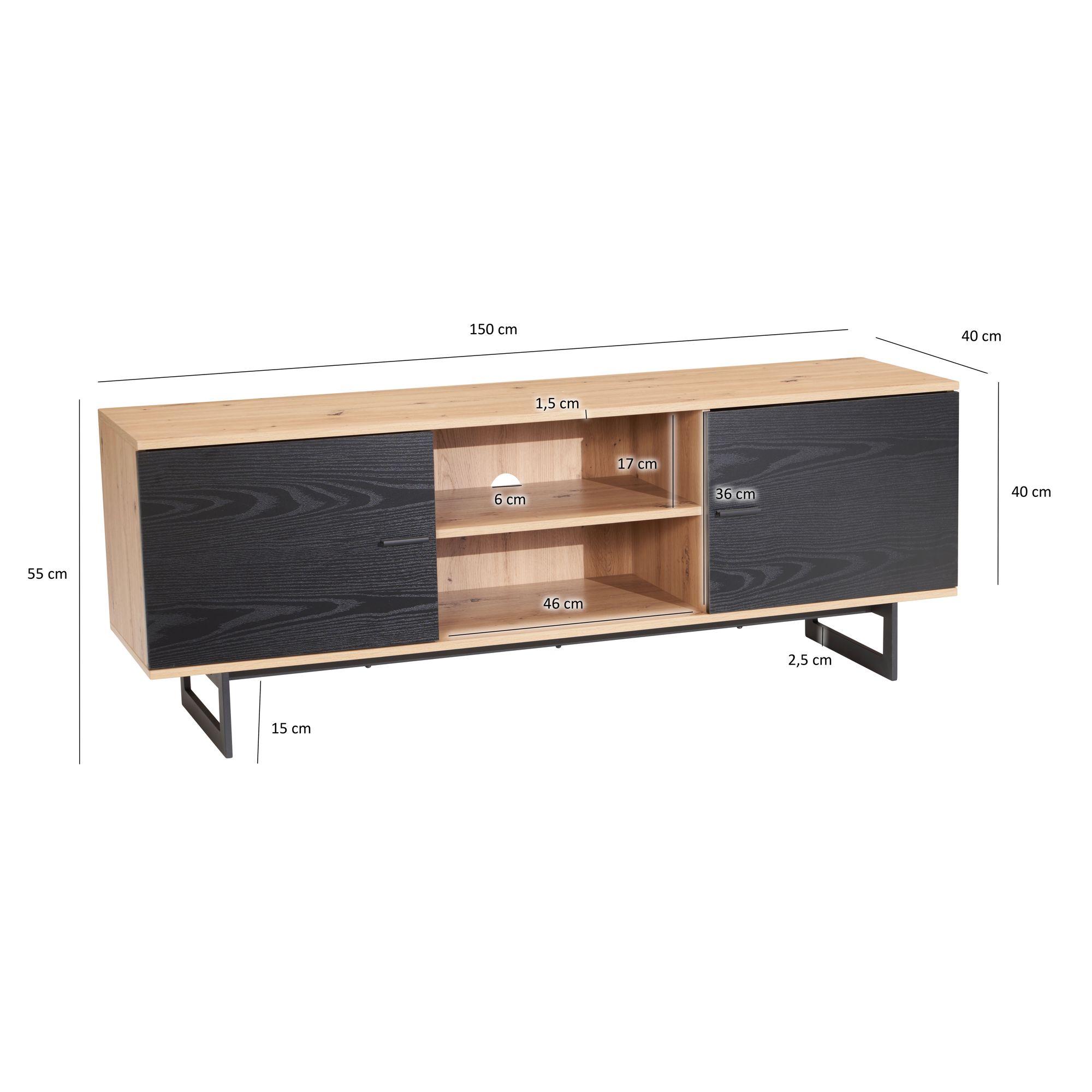 Mueble bajo para tv de roble decorativo negro 150x55x40 cm, mueble para tv moderno, mueble para tv de diseño alto, mesa para tv, mueble para tv con dos puertas, mueble para tv para salón