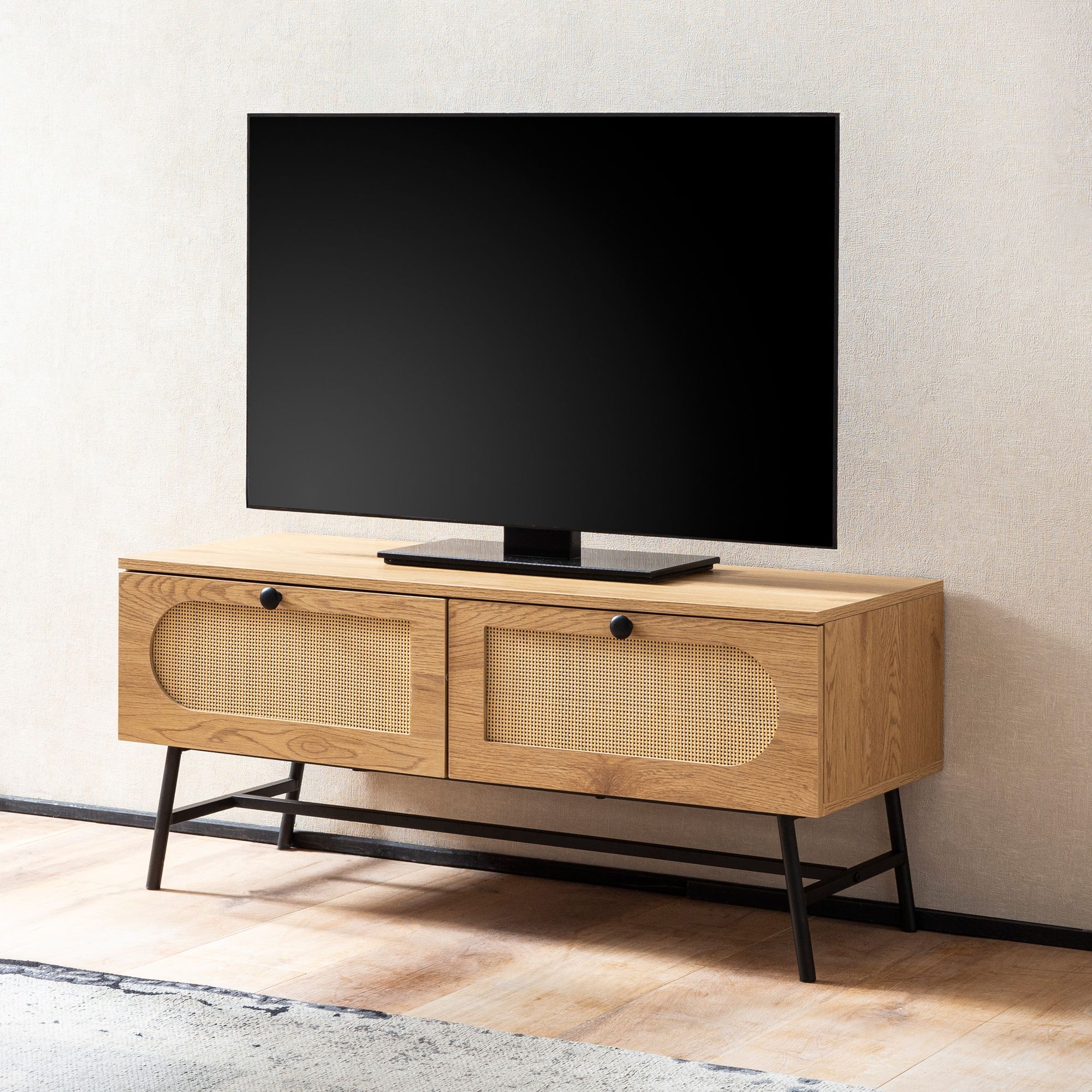 Mueble para tv lowboard 100x45x40 cm con decoración de roble y ratán, mueble para tv de diseño alto con cajones, mesa para tv, mueble para tv para sala de estar