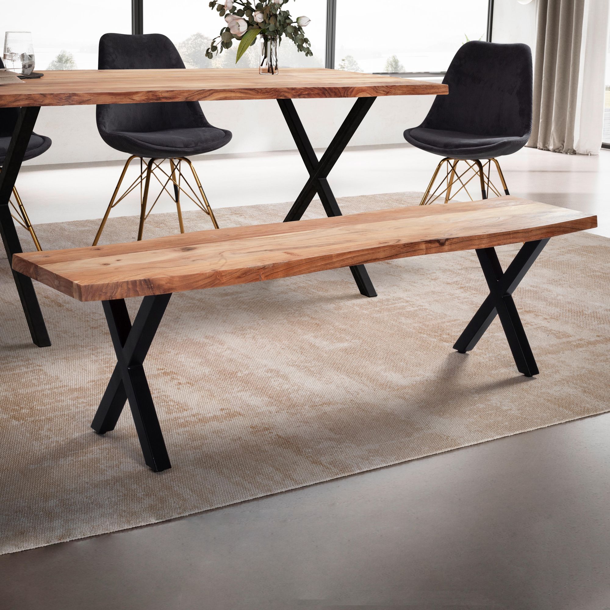 Banco de comedor 120x40x45,5 cm madera maciza de acacia / metal con borde de árbol, banco de mesa de comedor moderno, banco de madera maciza sin respaldo, banco de cocina, banco de comedor con patas en x, banco de comedor pequeño