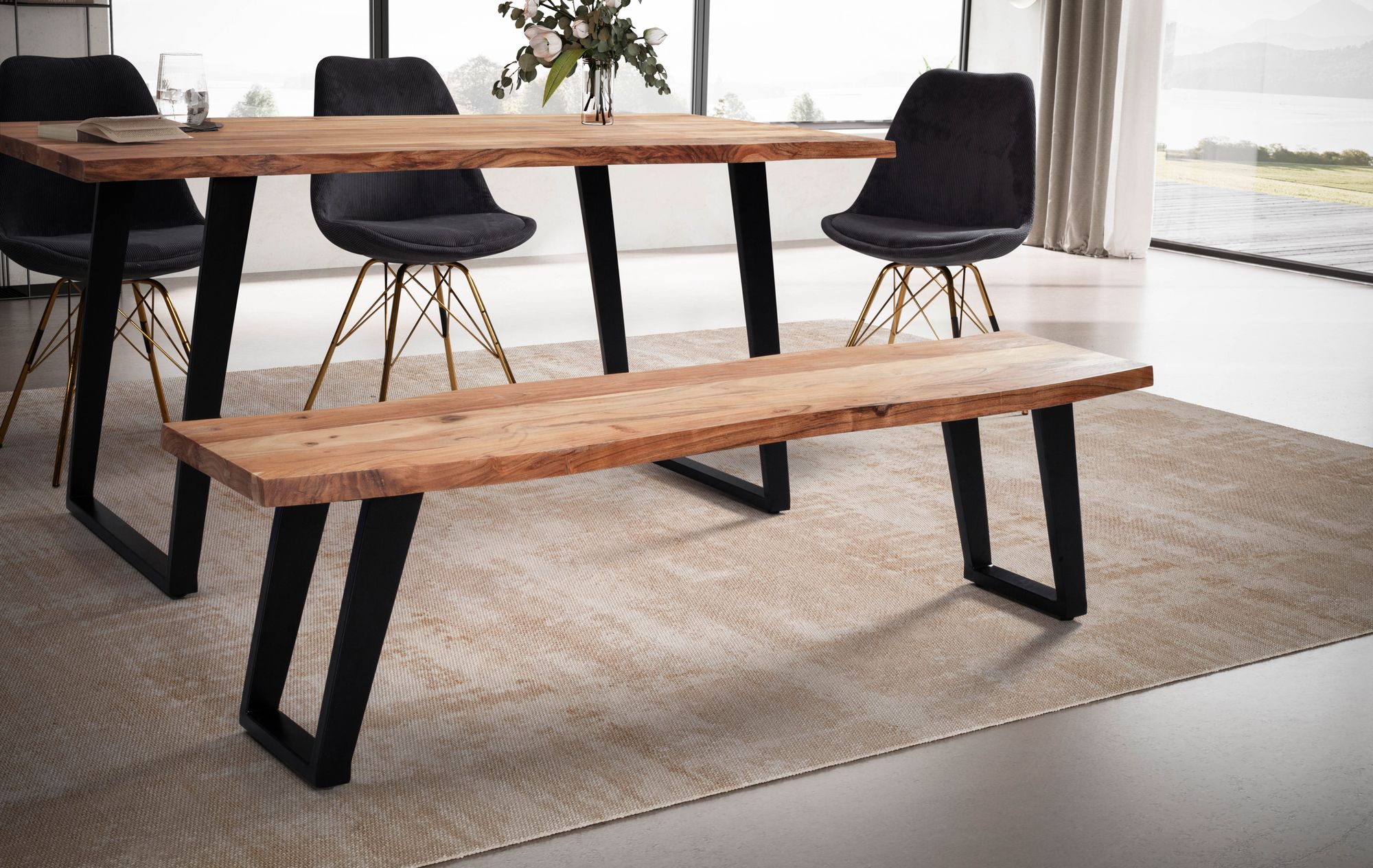 Banco de comedor 180x40x45,5 cm madera maciza de acacia / metal con borde de árbol, banco de mesa de comedor moderno, banco de madera maciza sin respaldo, banco de cocina banco de comedor con patas en u, banco de comedor grande