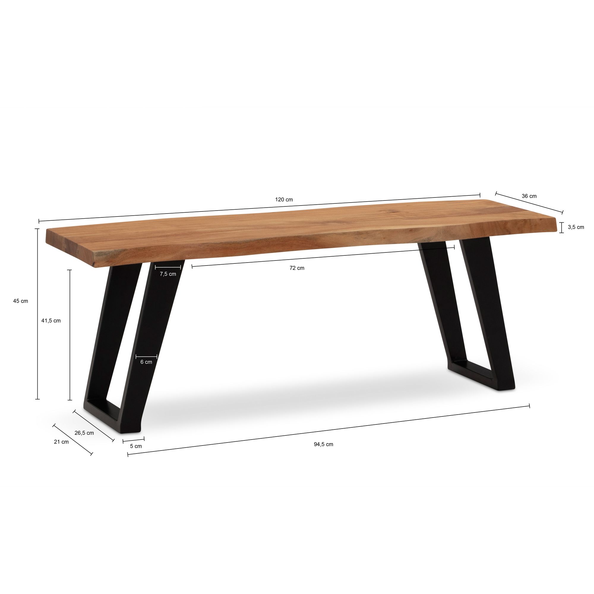 Banco de armario 120x40x45,5 cm madera maciza de acacia / metal con borde de árbol, banco de recibidor banco de madera maciza sin respaldo, banco de recibidor moderno zona de entrada patas en u pequeñas negro