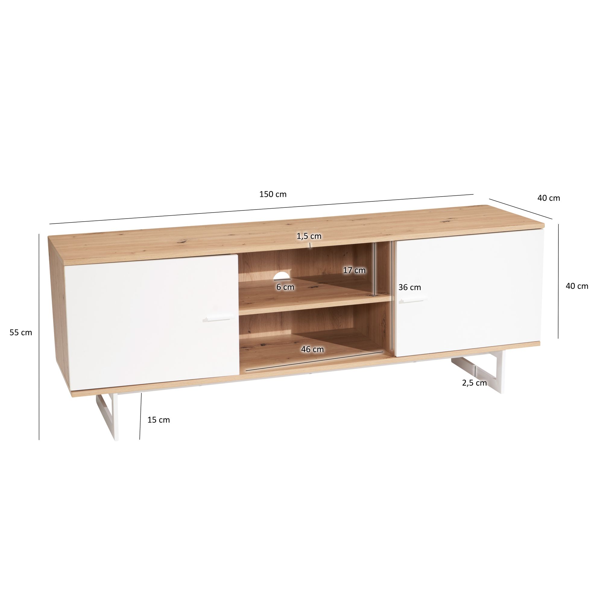 Mueble bajo de roble decorativo blanco 150x55x40 cm mueble para tv moderno, mueble para tv de diseño alto, mesa para tv mueble para tv con dos puertas, mueble para tv para salón