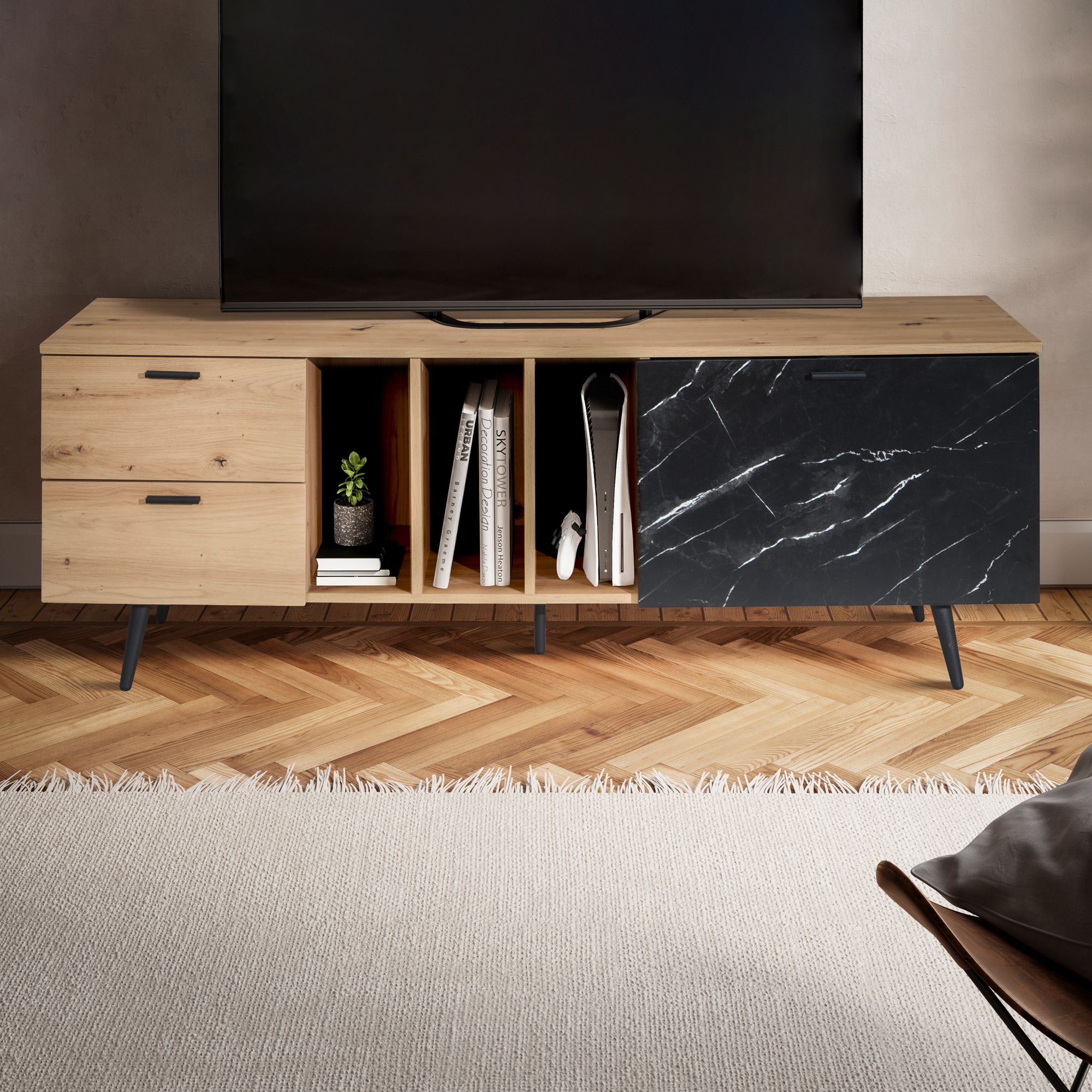 Mueble bajo de roble decorativo con aspecto de mármol en negro 150x55x40 cm mueble para tv, mueble para tv de diseño moderno, mesa para tv mueble para tv con puerta y cajón, mueble para tv para salón moderno