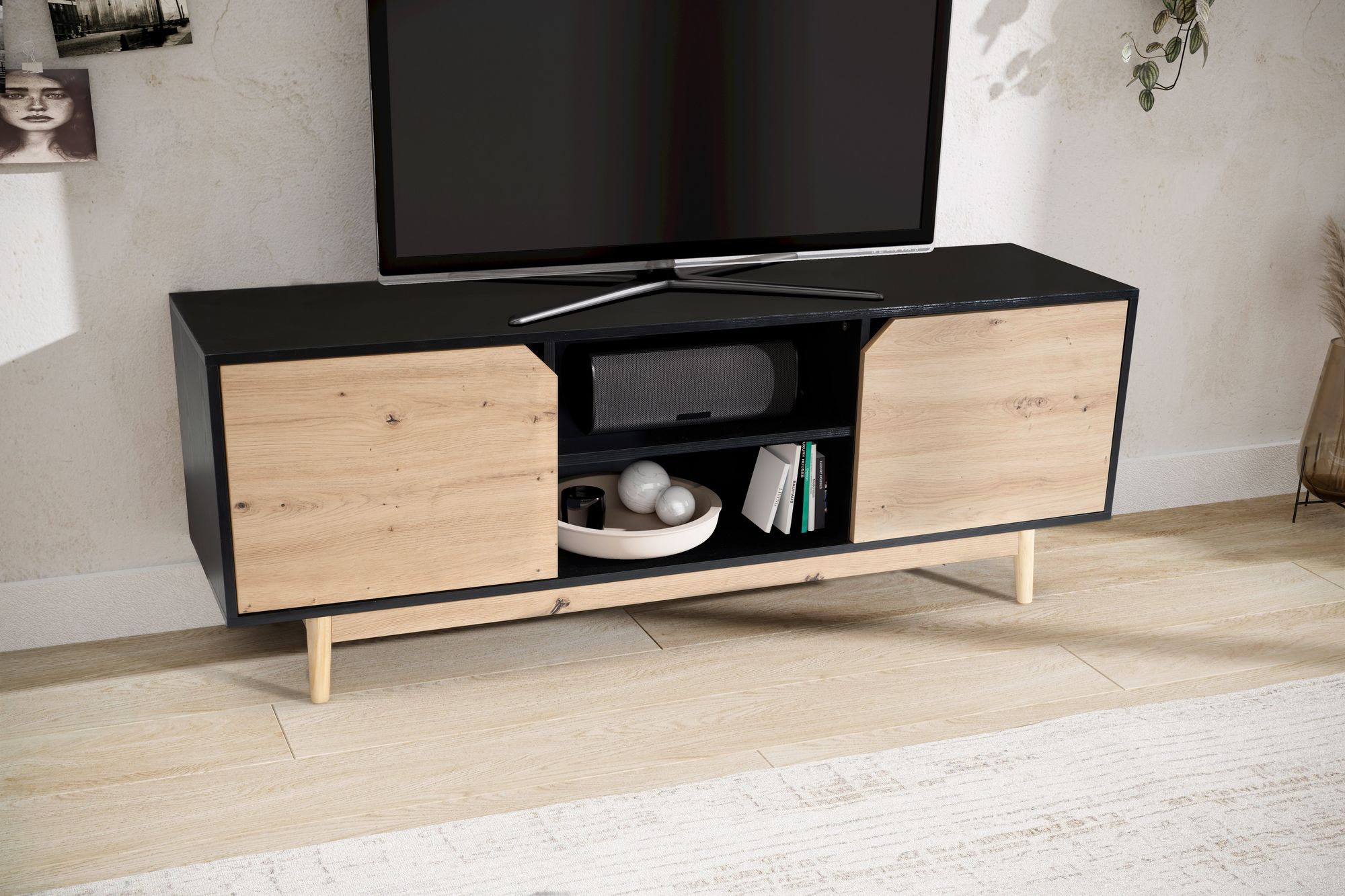 Mueble para tv de roble negro 150x55x40 cm, mueble para tv moderno, mueble para tv de diseño alto, mesa para tv, mueble para tv con dos puertas, mueble para tv para sala de estar