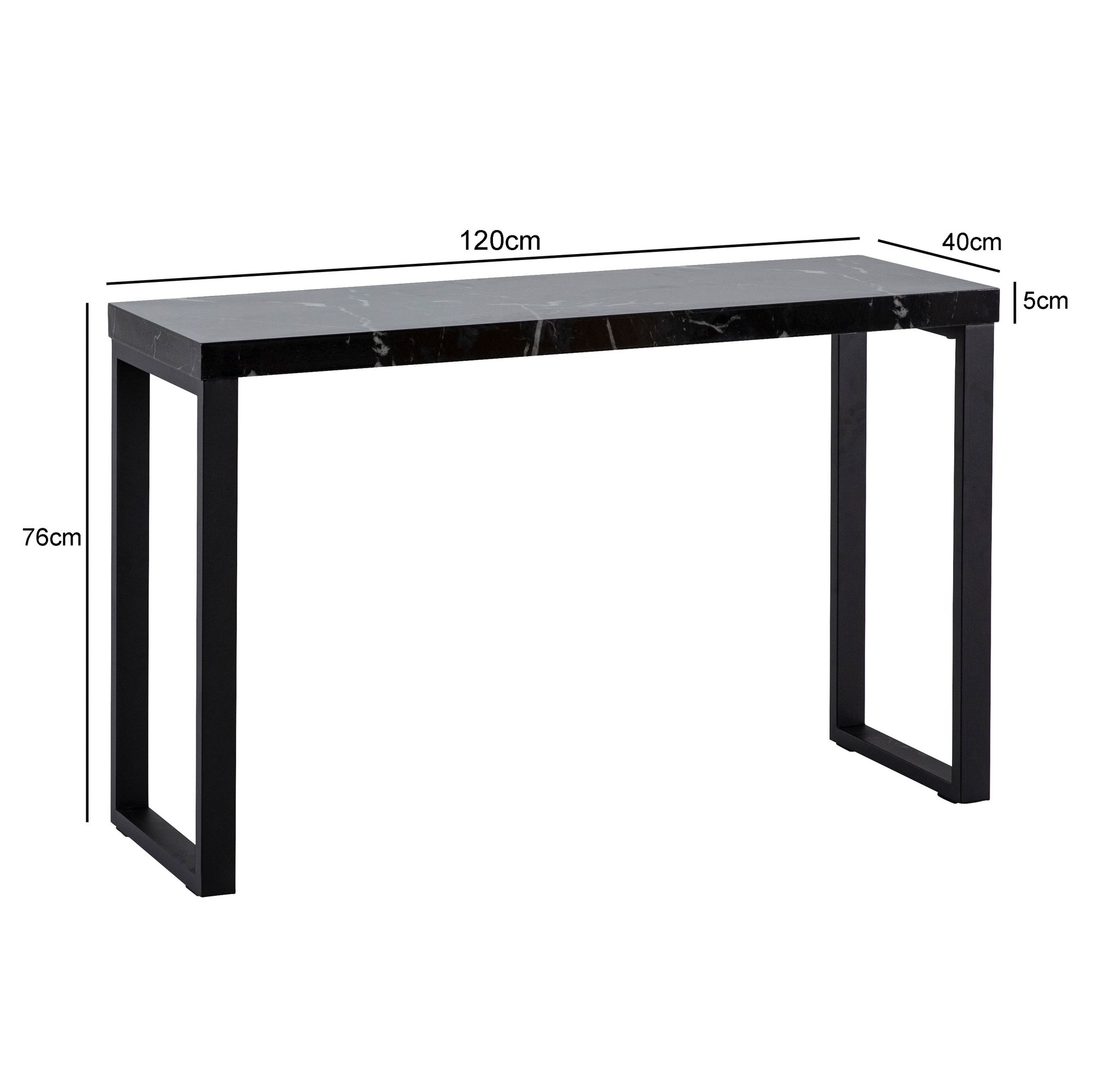 Mesa consola aspecto mármol brillante negro con patas de metal 120x40x76 cm, mesa de almacenaje estrecha, escritorio moderno gris, mesa de entrada rectangular