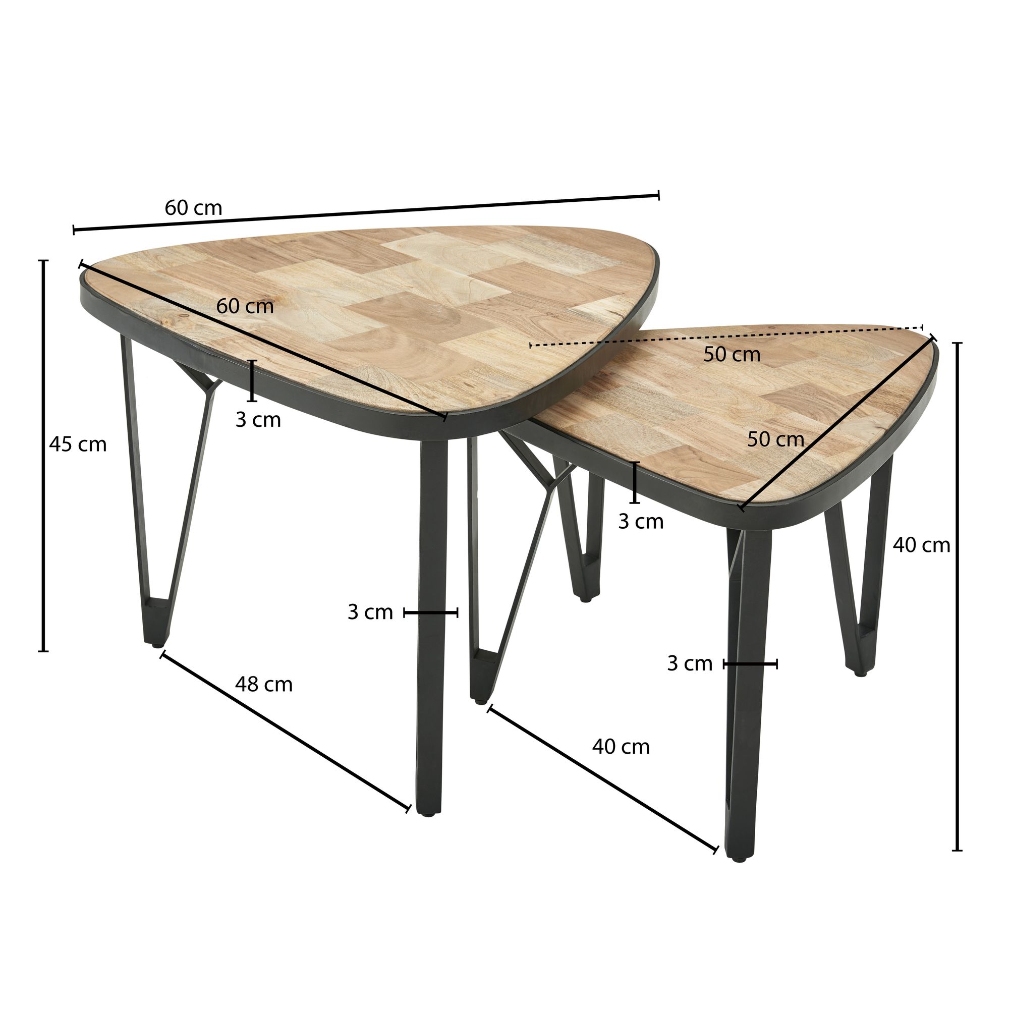 Diseño de 2 mesas nido de madera maciza de mango / acacia triangular