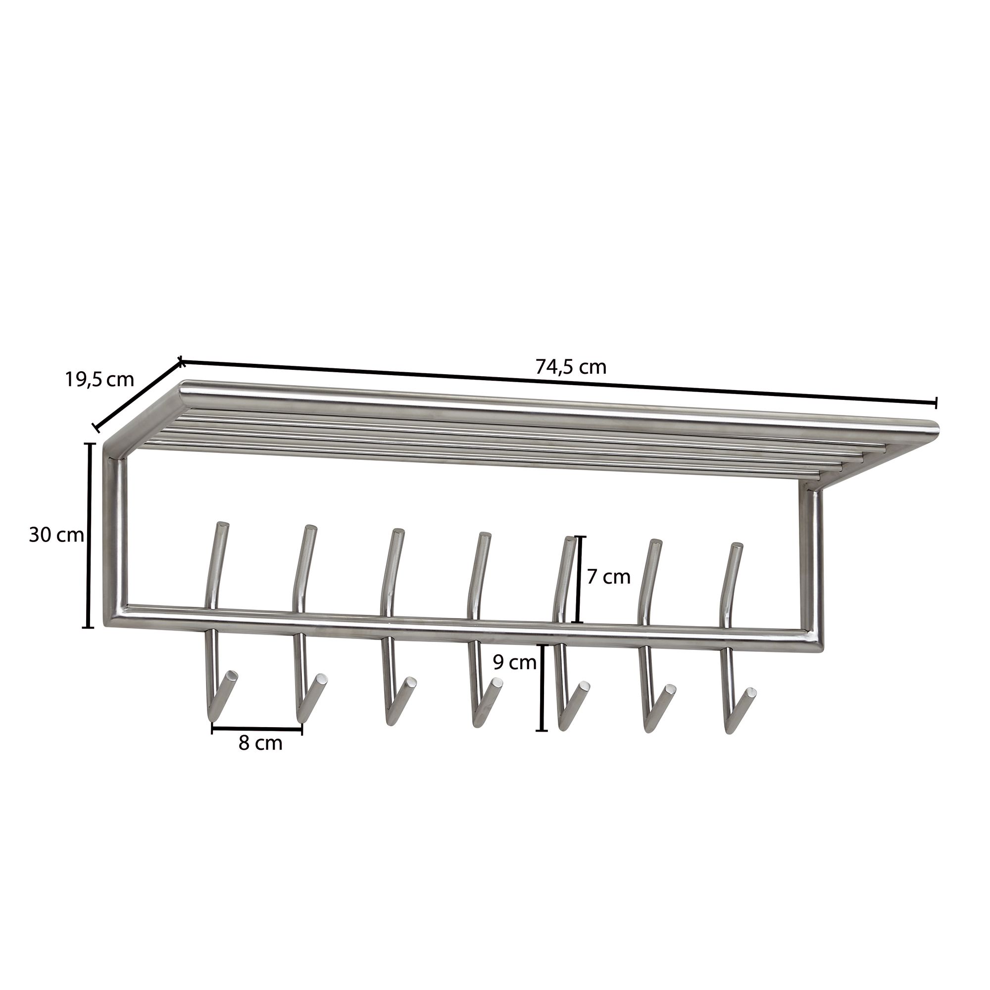 Perchero de pared de metal plateado 74,5x29x30 cm perchero de pasillo con estante, panel de pared con gancho de diseño de acero, perchero de pared con perchero, perchero de pasillo