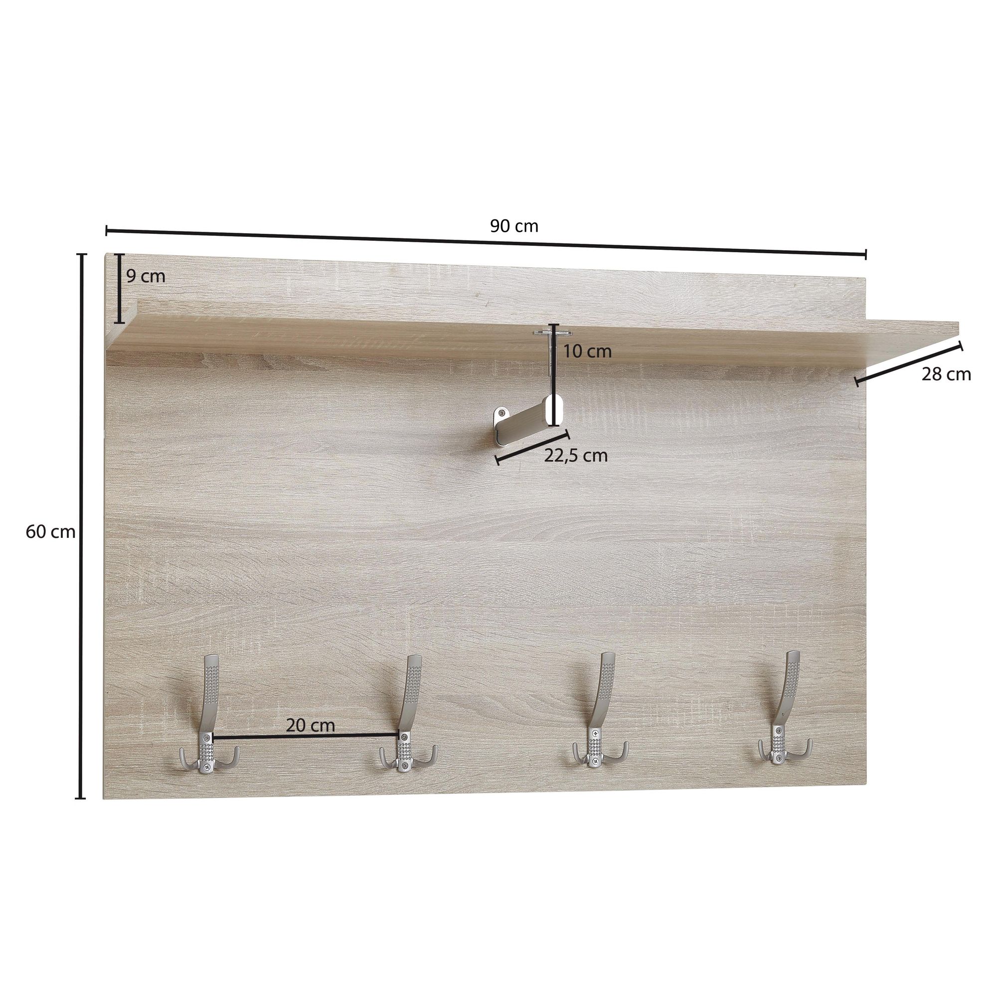 Perchero de pared roble sonoma 90x60x29,5 cm perchero de diseño para pasillo de madera, perchero con gancho, panel de pared con estante y barra para ropa, perchero de pared, perchero para pasillo