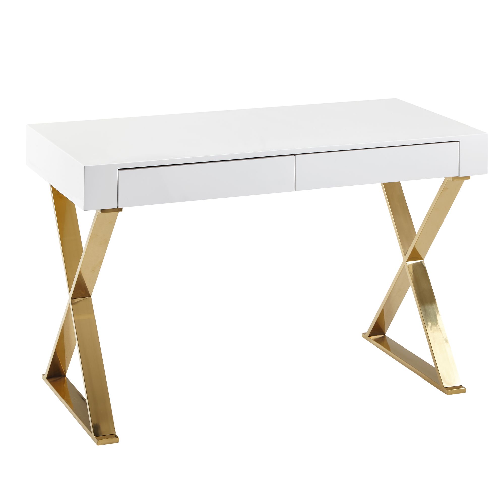 Escritorio 118x76x57 cm madera alto brillo patas de metal blanco dorado