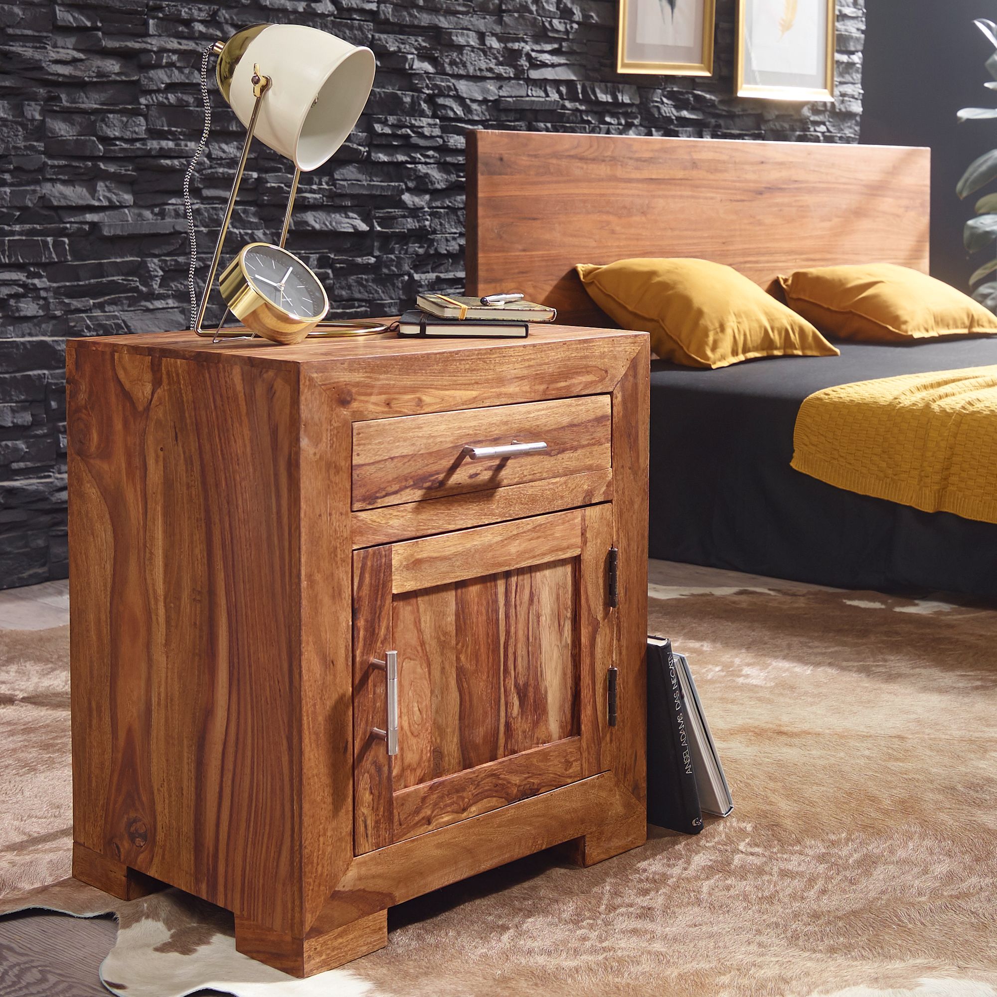 Mesita de noche mumbai madera maciza sheesham diseño mesita de noche 60 cm con cajón y puerta mesita de noche para cama con somier