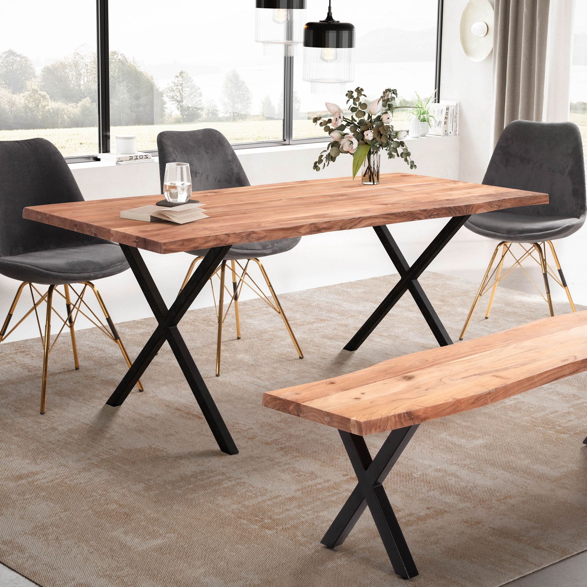 Mesa de comedor 120x60x76 cm mesa de comedor de madera maciza de acacia/metal borde de árbol, mesa de cocina maciza con patas en x en negro, mesa de madera mesa de comedor rectangular