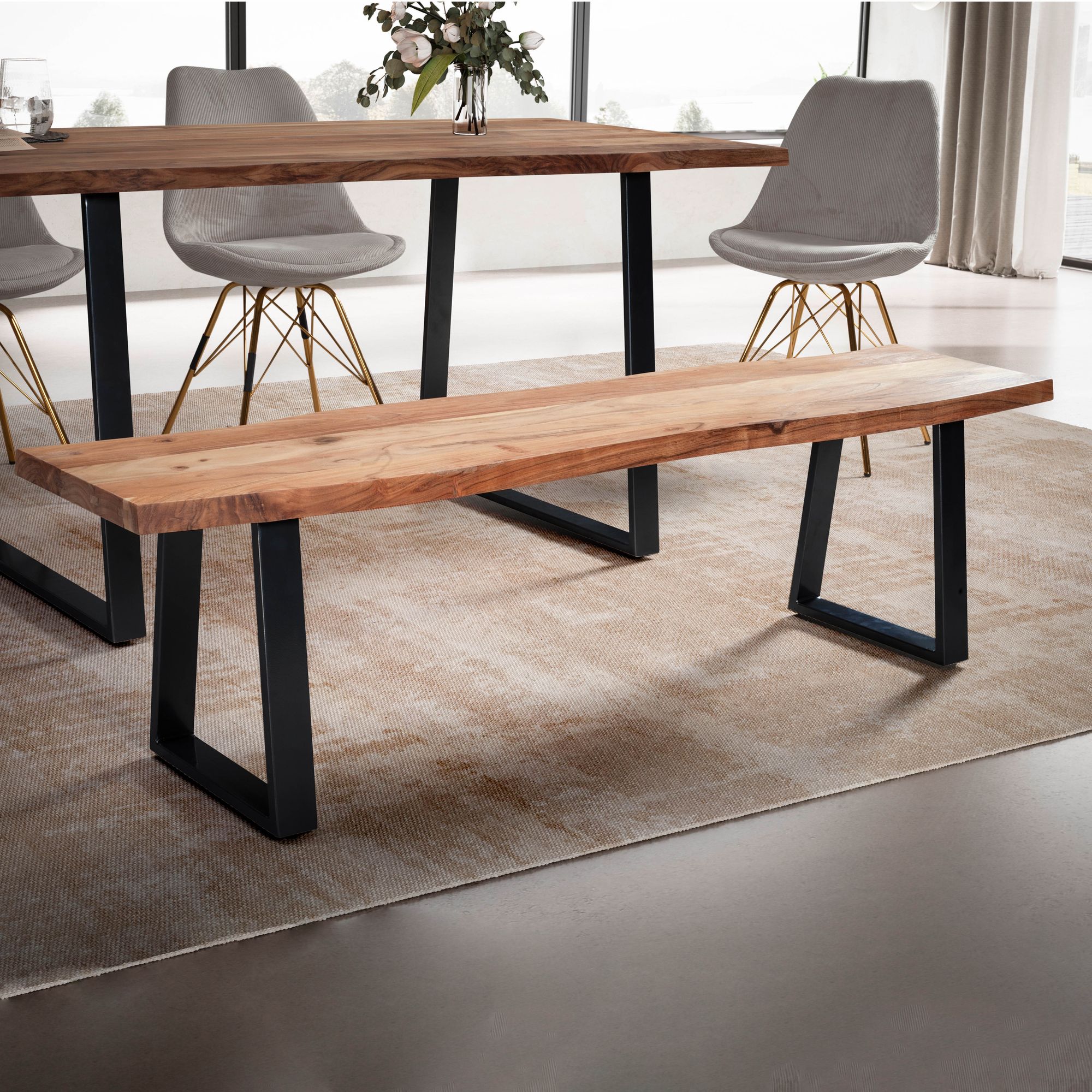 Banco de comedor 120x40x45,5 cm madera maciza de acacia / metal con borde de árbol, banco de mesa de comedor banco de madera maciza sin respaldo, banco de cocina banco de comedor moderno, banco de comedor pequeño